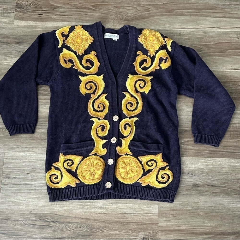 OUTLANDER Vintage Knit Embroidered Cardigan 1/2 Button Purple Women Sz Large